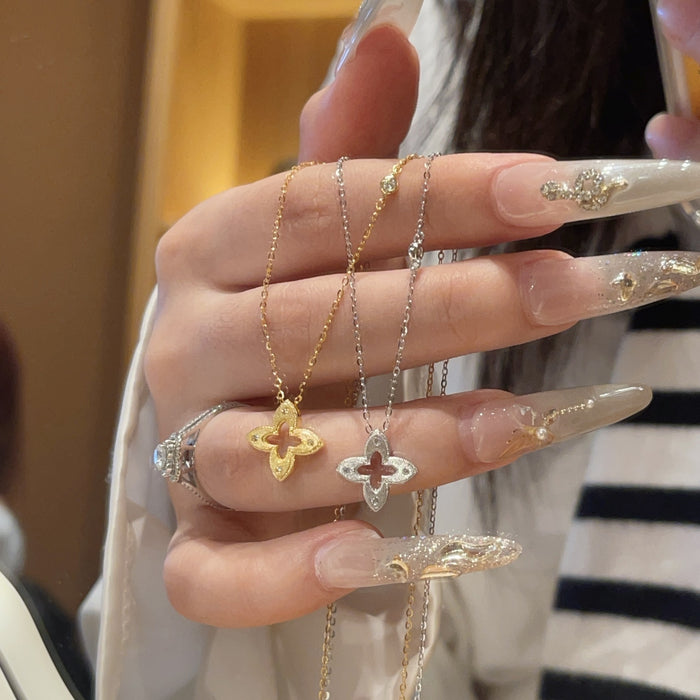 Wholesale S925 Sterling Silver Brushed Four-Leaf Clover Necklace Vintage Clavicle Chain Jewelry