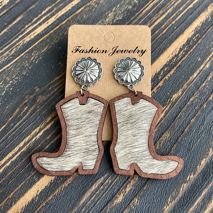 Wholesale Western Denim boots earrings classic leopard leather inlaid wood texture earrings