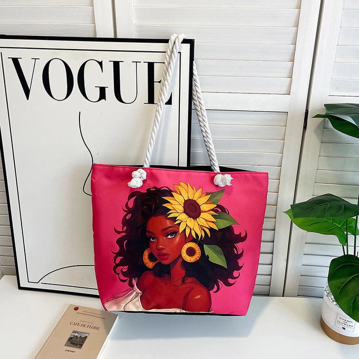 Wholesale Outdoor practical versatile retro canvas bag cartoon print portable beach bag large capacity