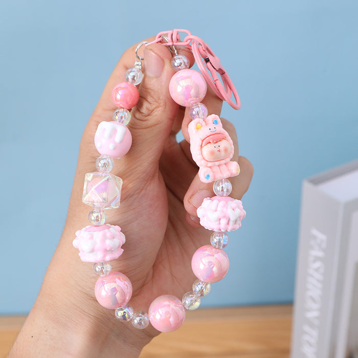 Wholesale Acrylic Bead Keychain Cute Cartoon Pink Phone Strap Decorative Accessory MOQ≥2