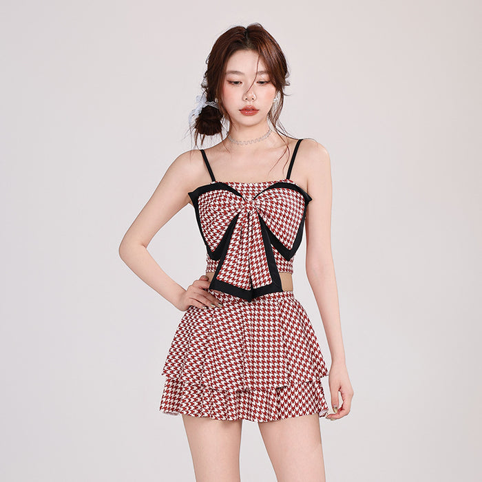 Wholesale Thousand Bird Grid Large Bow Split Swimsuit Skirt Swimsuit Swimsuit