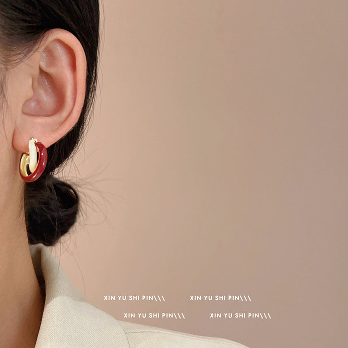 Wholesale Vintage wine red contrasting earrings, niche design, high-end temperament, fashionable personality, versatile earrings