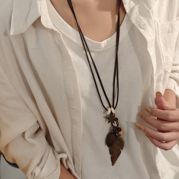 Wholesale Retro Bohemian Ethnic Style Leaf Long Cut Out Geometric Clavicle Chain Zen Style Versatile Personalized Sweater Chain