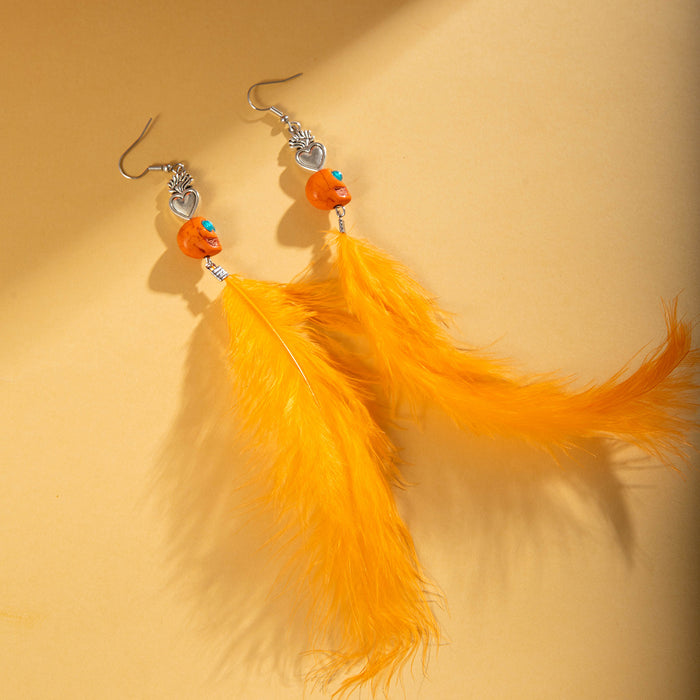Wholesale Orange Feather Earrings Skull Pumpkin Design Jewelry Accessory MOQ≥2