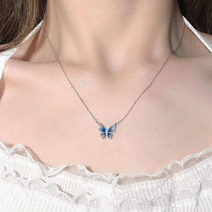 Wholesale Gradient blue butterfly necklace, niche, light luxury, high-end design, collarbone chain