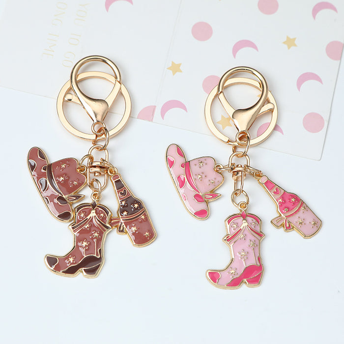 Wholesale retro brown western cowboy hat boots pendant keychain