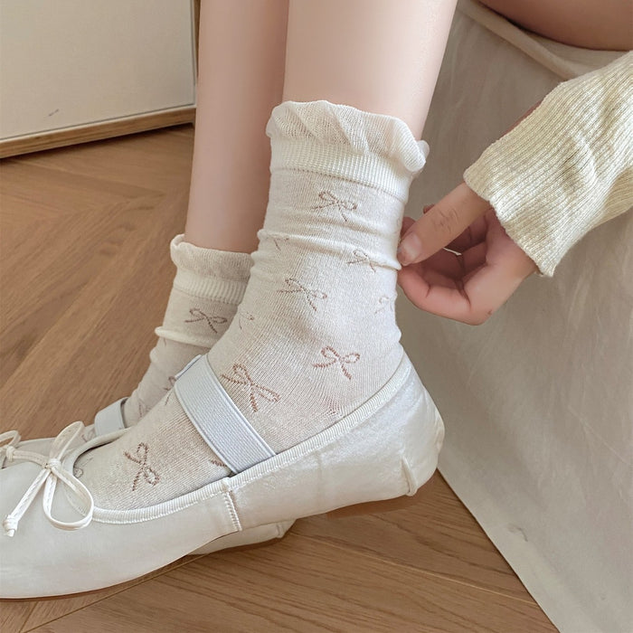 Wholesale Color blocked bow socks, boneless lace pile socks, mesh eyelets, tube socks