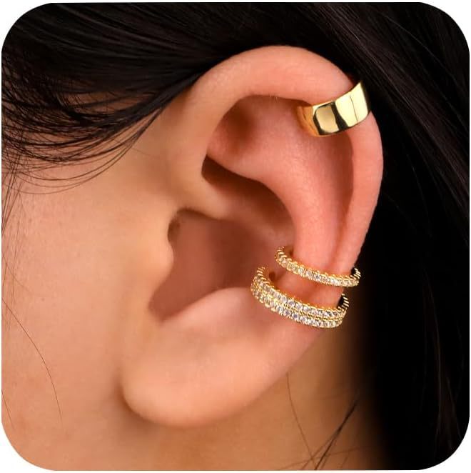 Wholesale Geometric white zircon ear bone clip without ear hole, copper plated with real gold, simple ear clip