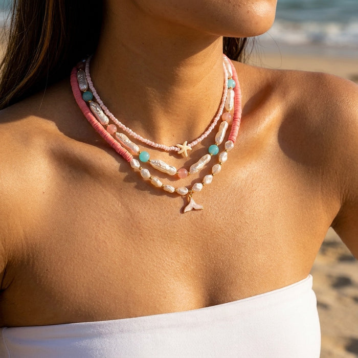 Wholesale Bohemian Sea Shells Starfish Beaded Multi-Layer Choker Necklace Summer Beach Vacation