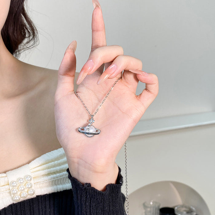 Wholesale Titanium steel pearl necklace, planet pendant, niche, personalized, fashionable, versatile accessory