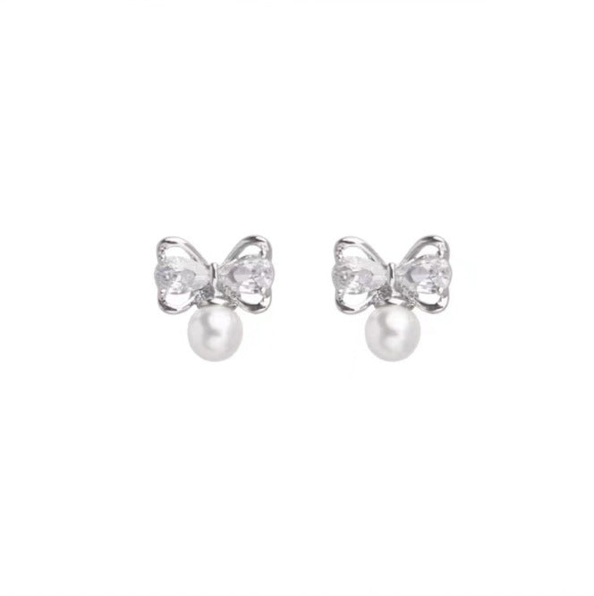 Wholesale Silver Needle Fashion Elegant Diamond-encrusted Bow Pearl ins Earrings