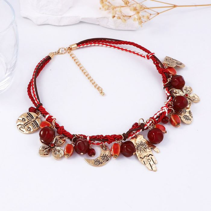 Wholesale Bohemian Ethnic Style three Strand Red Rope Necklace Alloy Pendant Necklace