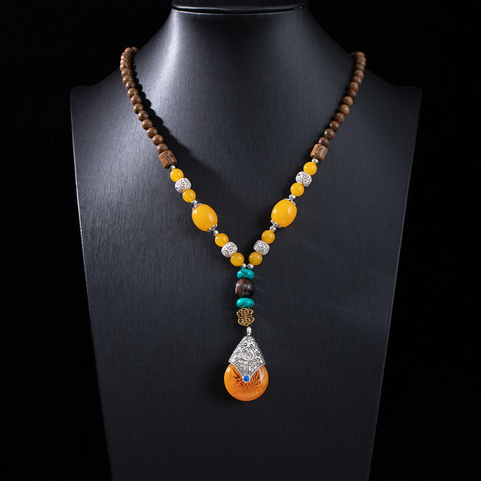 Wholesale Retro ethnic style long wooden sweater chain Bodhi pendant wooden bead necklace Tibetan cotton and linen pendant Buddhist beads necklace