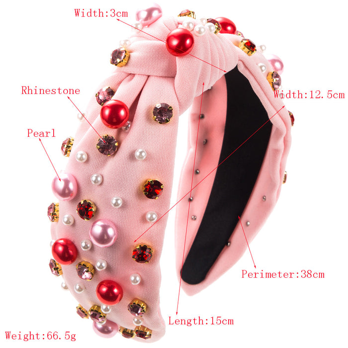 Wholesale Valentine' s Day pearl and rhinestone headband with knotted fabric design