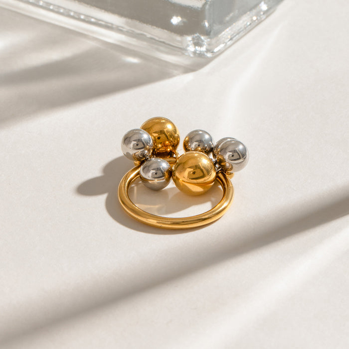 Wholesale Stainless steel gold and silver color matching metal ball movable grape bunch ring titanium steel ring