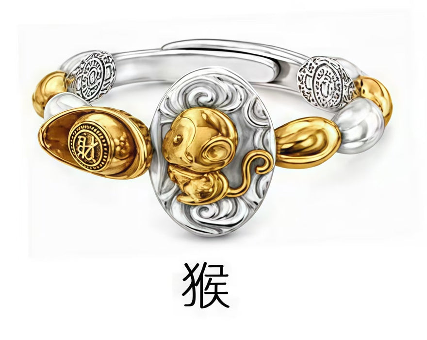 Wholesale Chinese Zodiac Rat Adjustable Open Ring Seven Grain Retro Gold Plated Copper Unisex Jewelry Boutique Resale Gift