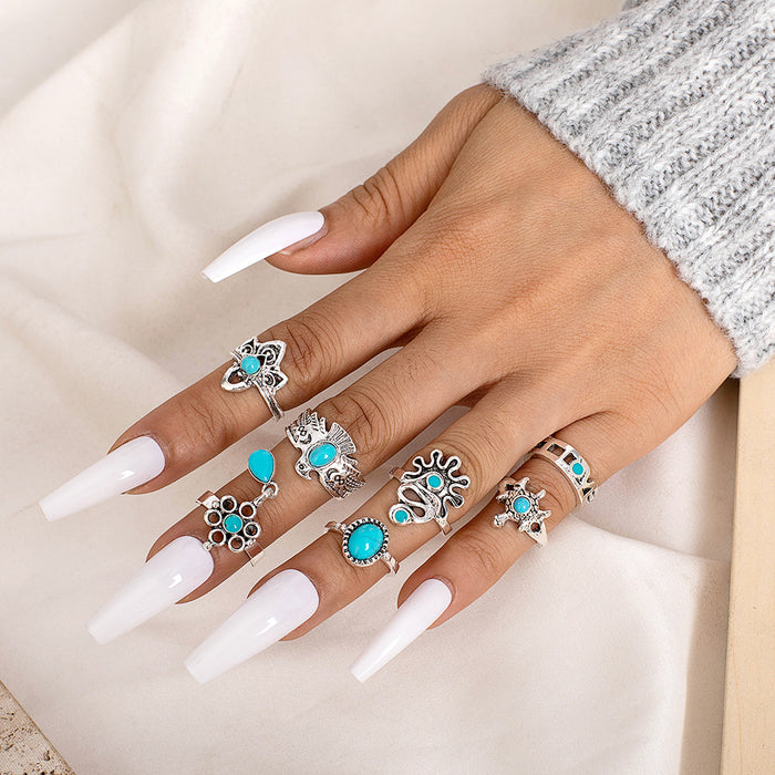 Wholesale Retro Bohemian Turquoise Opening 20-Piece Set Ring