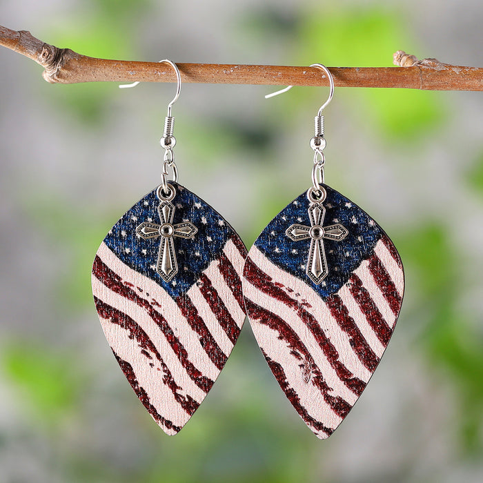 Wholesale Independence Day distressed red,  white and blue flag cross pendant earrings wooden double-sided earrings