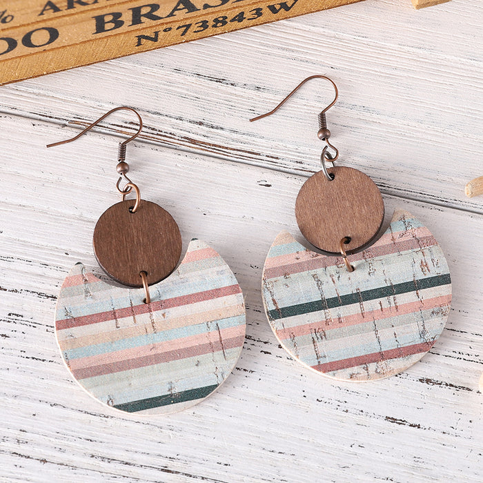 Wholesale Bohemian distressed floral and leaf-printed leather and wood ing pendant earrings double-sided earrings