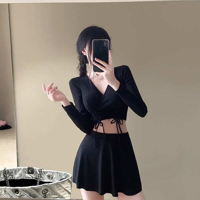 Wholesale Split swimsuit two-piece skirt style long sleeved sun protection sports boxer shorts swimsuit