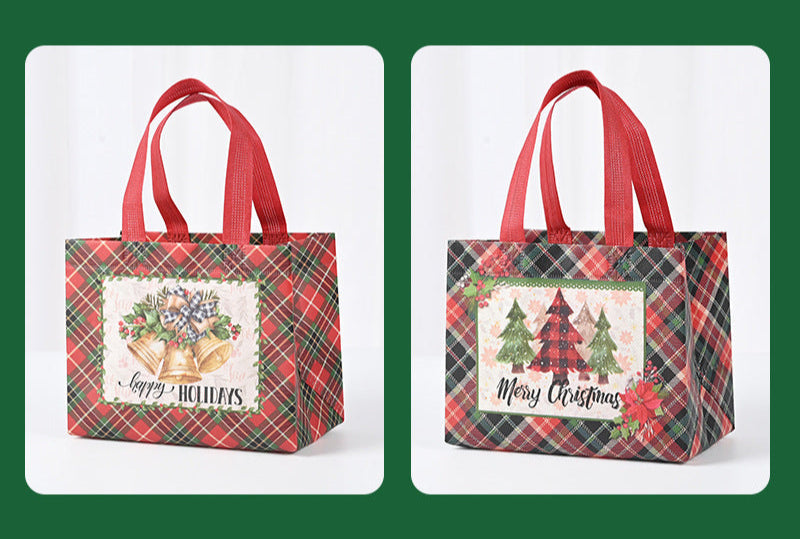 Wholesale Red Plaid Christmas Tote Gift Bag Cartoon Printed Non-woven Foldable Christmas Gift Bag JDC-GB-XJ007