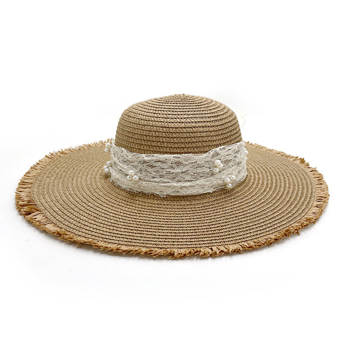 Wholesale Pearl Bow Raw Edge Straw Hat Summer Breathable Lace Streamer Straw Hat