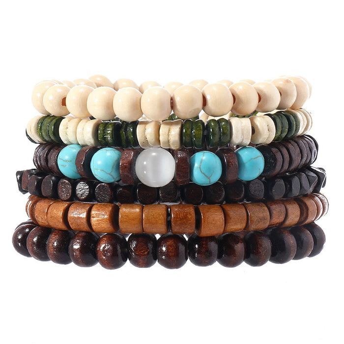 Wholesale New Retro Style Wooden Beads Turquoise Alloy Accessories Mixed Bracelets Men's Beaded Bracelet Set JDC-BT-XH005