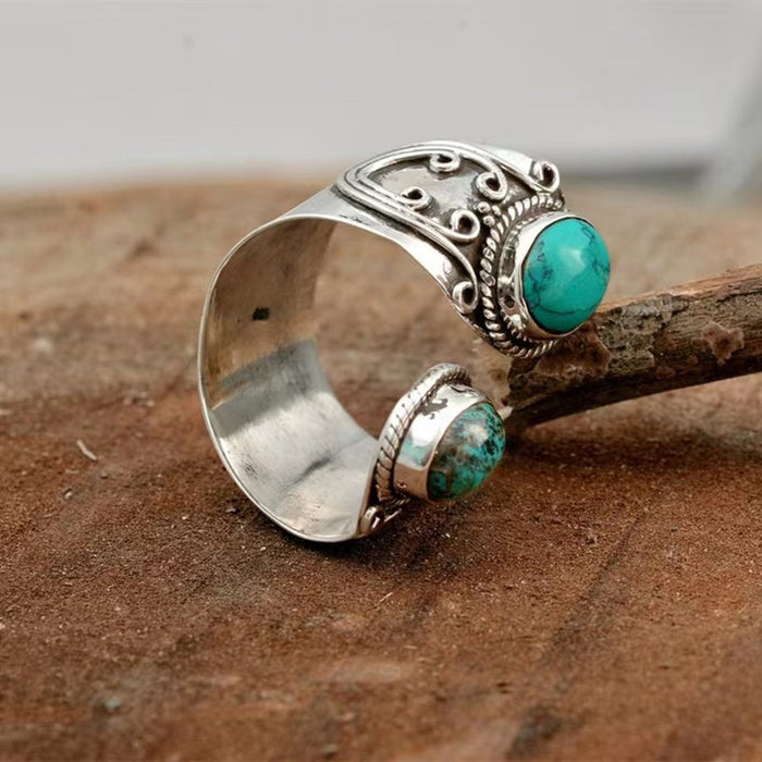 Wholesale New retro turquoise ring with exaggerated personality, flower ring, fashionable and versatile opening ring