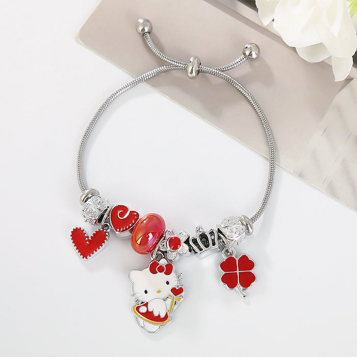 Wholesale Cartoon beaded heart and lucky four-leaf clover adjustable bracelet