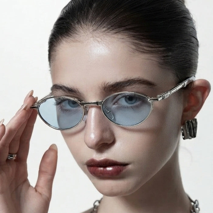 Wholesale Foldable Metal Oval Sunglasses with Rhinestones UV400 Gold Frame Gray Lens for Resale