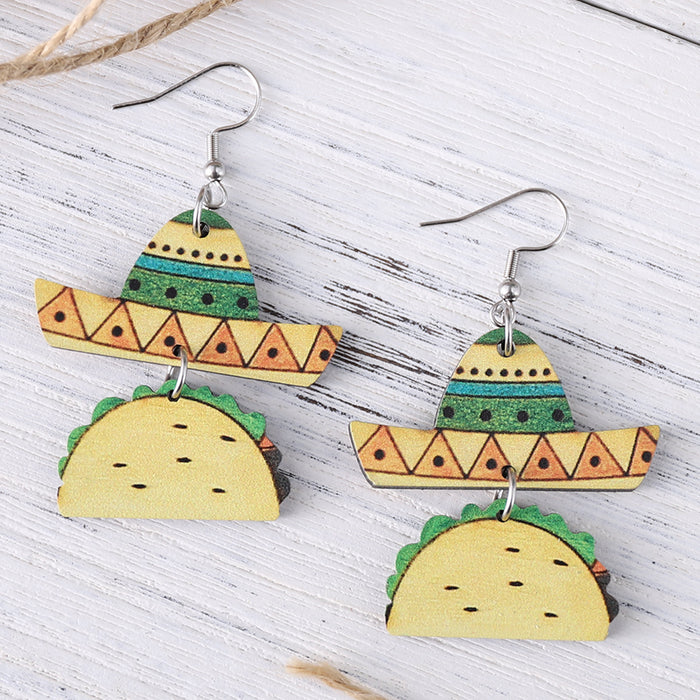 Wholesale Mexican Five-Five-Section Color Tortilla Straw Hat Pinata Color Pot Triple Double Wooden Double-Sided Earrings Jewelry