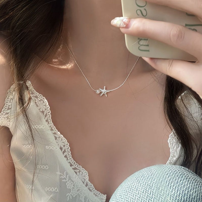 Wholesale New starfish pearl pentagram necklace, light luxury, niche design, versatile collarbone chain, neck chain