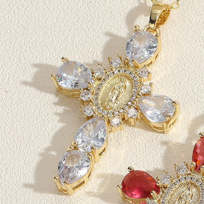 Wholesale EZircon Pendant Madonna Cross Necklace Women's Clavicle Chain Woolen Chain