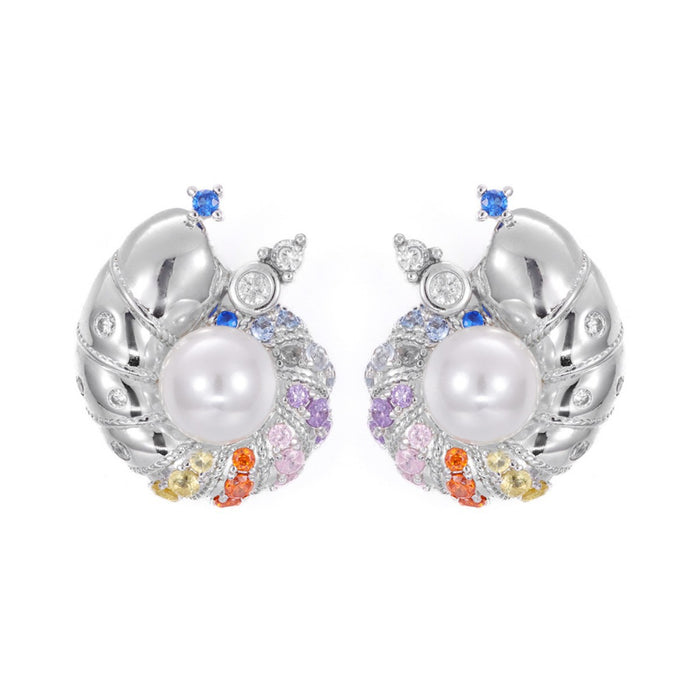 Wholesale New creative high-end conch silver ear needle plated platinum earrings with colorful zirconium imitation pearl earrings, niche