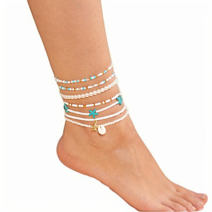 Wholesale Color blocking ankle chains, foot accessories, rice beads, ankle chains, starfish, shell sets, multi-layer layered accessories