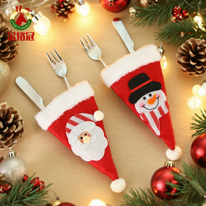 Wholesale Christmas decorations non-woven Christmas cartoon stickers small hat knife and fork bag Christmas table layout knife and fork set