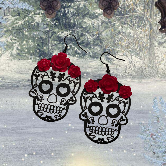 Wholesale Halloween Dark Gothic Style Rose Hollow Love Skull Alloy Earrings JDC-ES-JunJie001