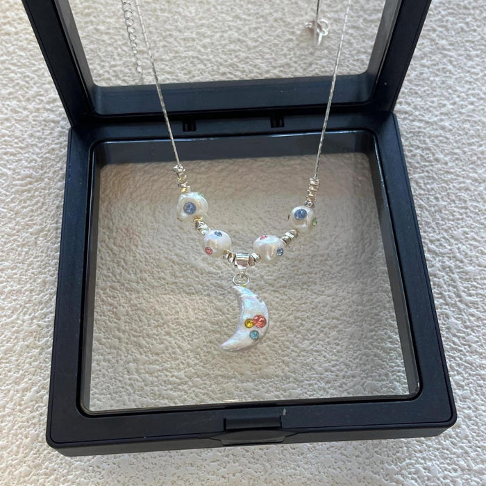 Wholesale Baroque pearl crescent silver necklace summer color zircon moon clavicle necklace