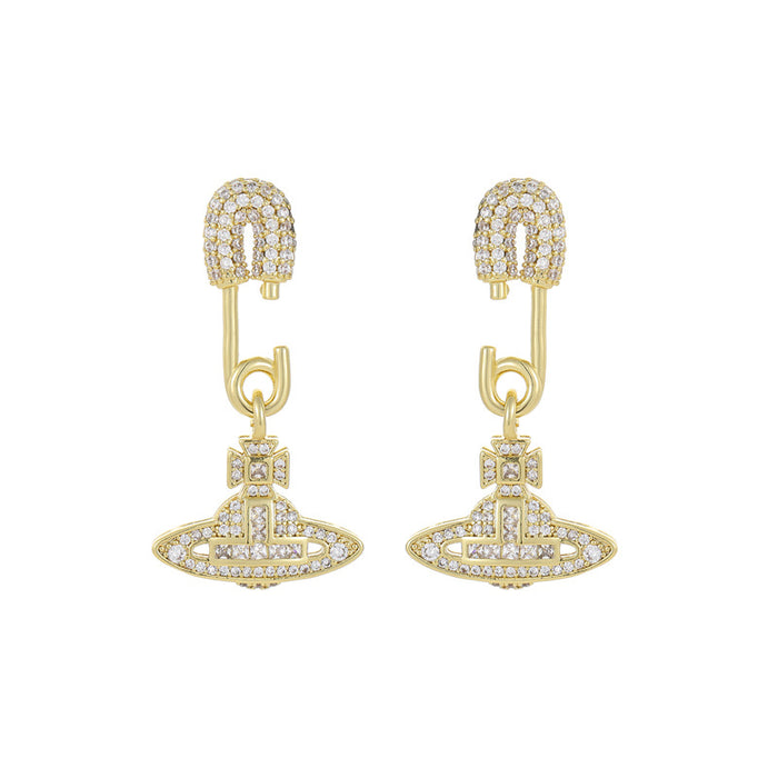 Wholesale Pin Saturn Planet Micro Inlaid Diamond Earrings, Light Luxury, Simple Banquet, Super Flash Earrings, Fashionable, Stylish, Personalized Earrings