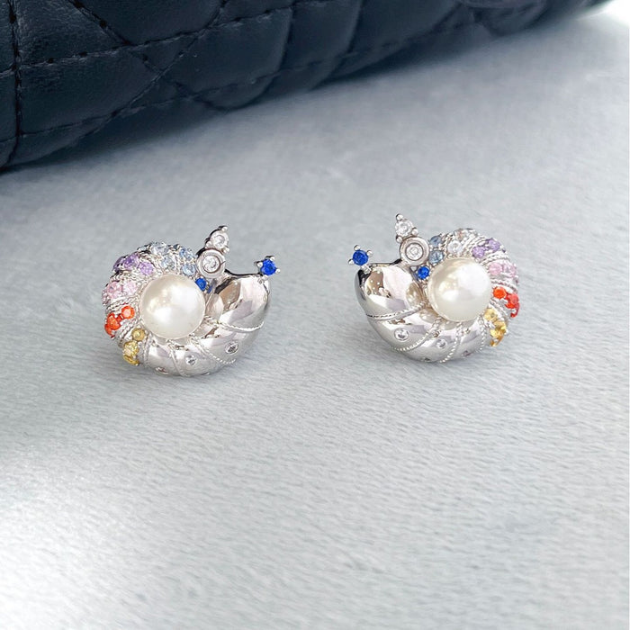 Wholesale New creative high-end conch silver ear needle plated platinum earrings with colorful zirconium imitation pearl earrings, niche