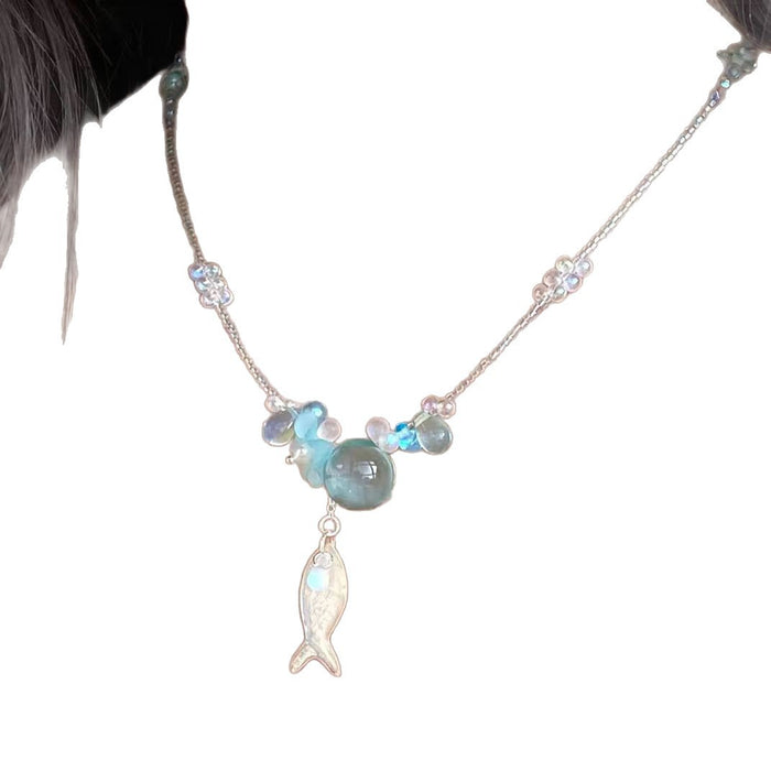 Wholesale Alloy Beaded Choker Necklace Blue Flower Fish Design Summer Vacation Style