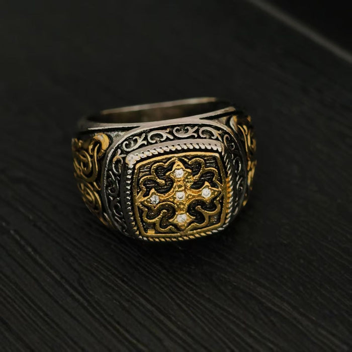 Wholesale New retro carved pattern cross two-color ring