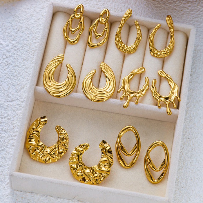 Wholesale Stainless Steel Irregular Geometric Earrings Vintage Lava Liquid Metal C-Shape Hoops