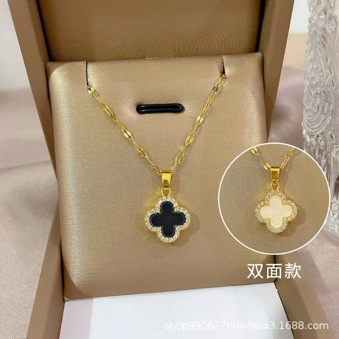 Wholesale Golden Luxury Diamond Four-leaf Clover Necklace Women's Black and White Double-sided Clavicle Chain 18K Gold-plated Necklace Chain