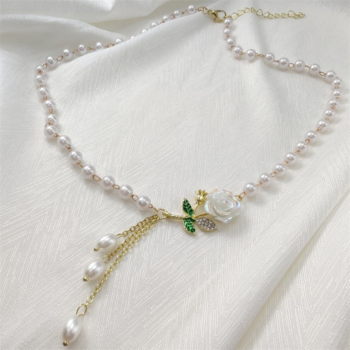 Wholesale Vintage Camellia Tassel Pearl Necklace, Light Luxury, Elegant, Exquisite Clavicle Chain, Neck Chain Jewelry