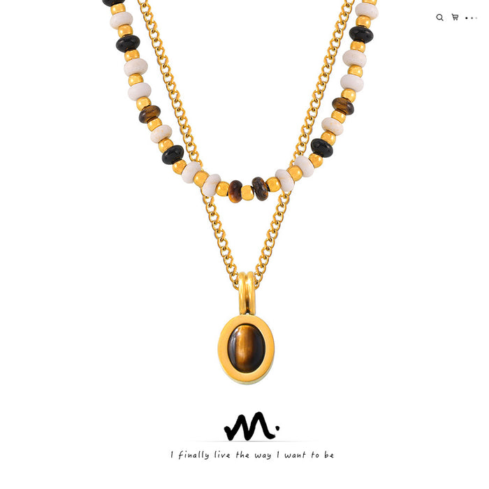 Wholesale Natural Stone Beaded Design Necklace Tiger Eye Pendant Double Layer  Chain