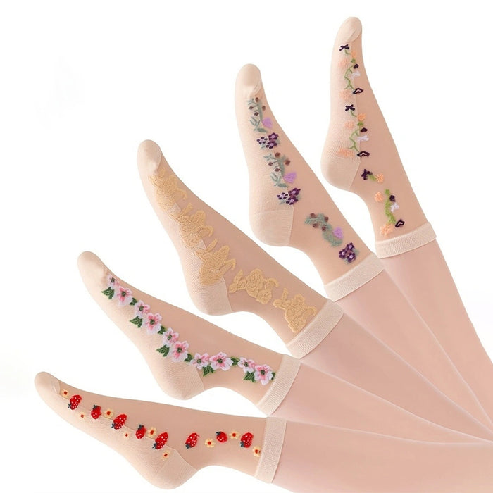 Wholesale mid-calf Crystal meat stockings spring and summer thin embroidered glass Silk women' s socks non-slip socks