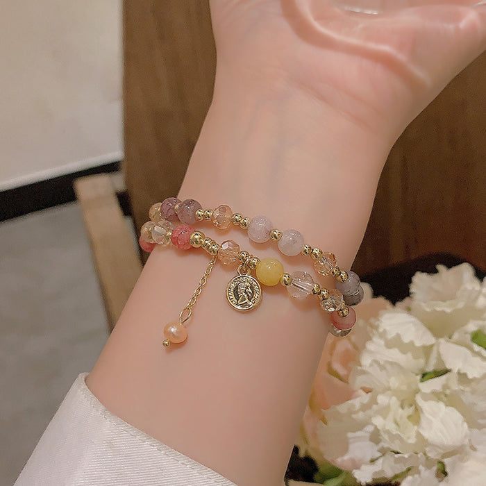 Wholesale Double layered crystal pearl bead bracelet with light luxury and high-end feel, layered bracelet, niche jewelry