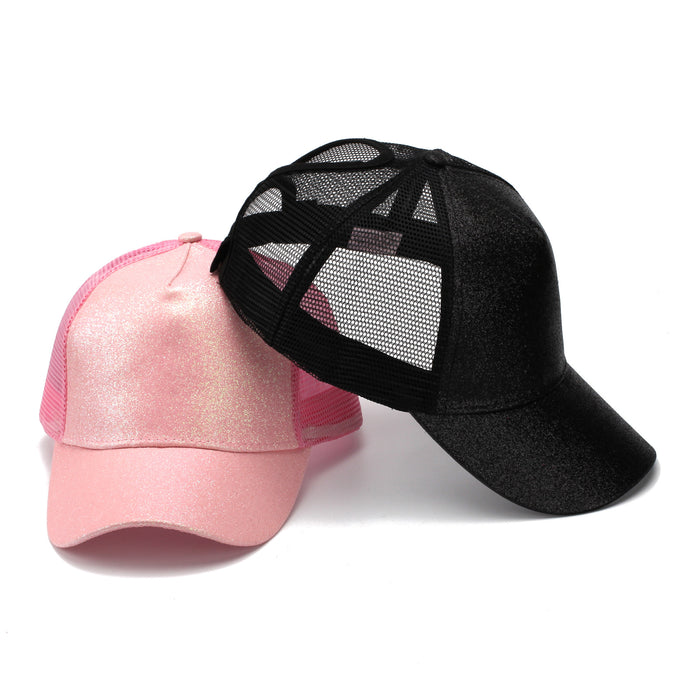 Wholesale Trendy Sequined Dacron Baseball Cap with Ponytail Hole - Breathable Mesh Sun Hat for Summer Outdoor Use