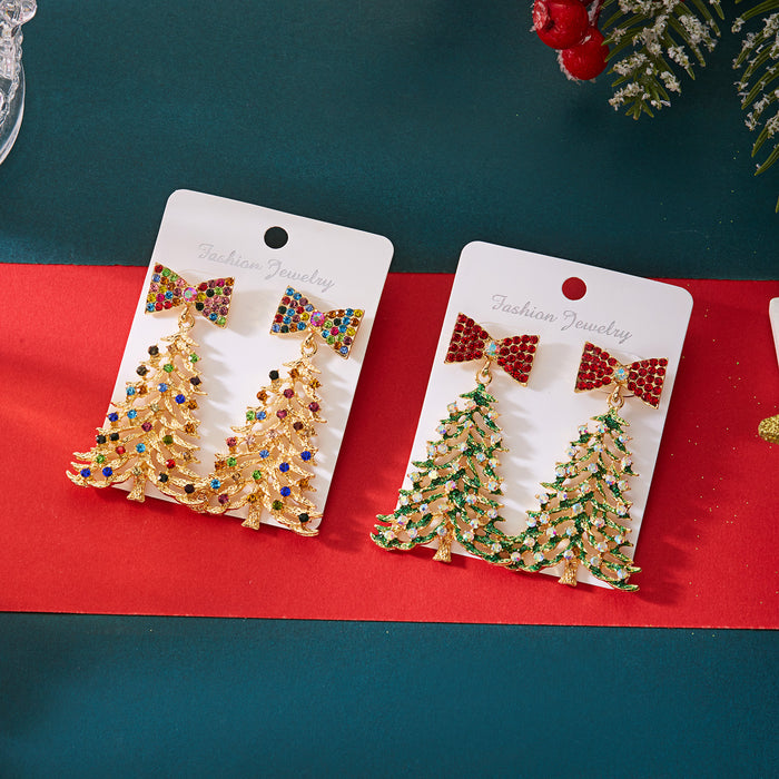 Wholesale Red Bow Rhinestone Christmas Tree Earrings Alloy Fashion Accessory Gift